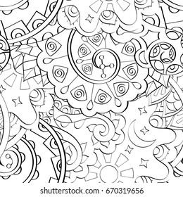 Tracery seamless pattern. Mehndi design. Ethnic monochrome binary doodle texture. Curved doodling black and white background. Vector