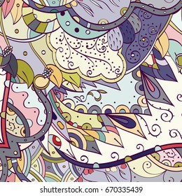 Tracery seamless pattern. Mehndi design. Ethnic colorful doodle texture. Curved doodling background. Vector