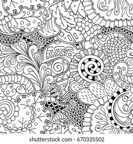 Tracery seamless pattern. Mehndi design. Ethnic monochrome binary doodle texture. Curved doodling black and white background. Vector