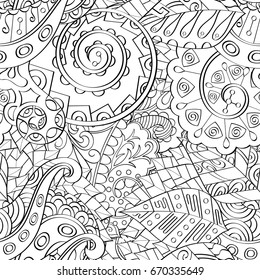 Tracery seamless pattern. Mehndi design. Ethnic monochrome binary doodle texture. Curved doodling black and white background. Vector