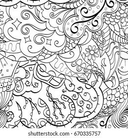 Tracery seamless pattern. Mehndi design. Ethnic monochrome binary doodle texture. Curved doodling black and white background. Vector