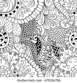 Tracery seamless pattern. Mehndi design. Ethnic monochrome binary doodle texture. Curved doodling black and white background. Vector