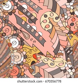 Tracery seamless pattern. Mehndi design. Ethnic colorful doodle texture. Curved doodling background. Vector