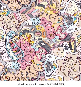 Tracery seamless pattern. Mehndi design. Ethnic colorful doodle texture. Curved doodling background. Vector