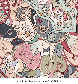 Tracery seamless pattern. Mehndi design. Ethnic colorful doodle texture. Curved doodling background. Vector