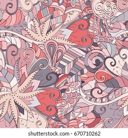 Tracery seamless pattern. Mehndi design. Ethnic colorful doodle texture. Curved doodling background. Vector