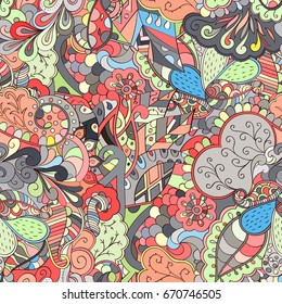 Tracery seamless pattern. Mehndi design. Ethnic colorful doodle texture. Curved doodling background. Vector