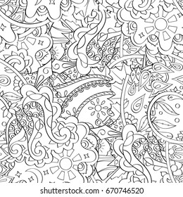 Tracery seamless pattern. Mehndi design. Ethnic monochrome binary doodle texture. Curved doodling black and white background. Vector