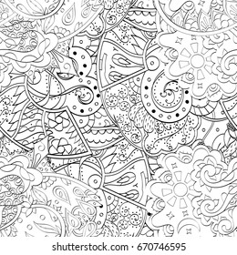 Tracery seamless pattern. Mehndi design. Ethnic monochrome binary doodle texture. Curved doodling black and white background. Vector