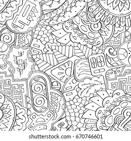 Tracery seamless pattern. Mehndi design. Ethnic monochrome binary doodle texture. Curved doodling black and white background. Vector