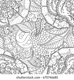 Tracery seamless pattern. Mehndi design. Ethnic monochrome binary doodle texture. Curved doodling black and white background. Vector