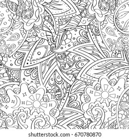Tracery seamless pattern. Mehndi design. Ethnic monochrome binary doodle texture. Curved doodling black and white background. Vector