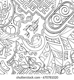 Tracery seamless pattern. Mehndi design. Ethnic monochrome binary doodle texture. Curved doodling black and white background. Vector