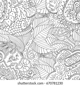 Tracery seamless pattern. Mehndi design. Ethnic monochrome binary doodle texture. Curved doodling black and white background. Vector