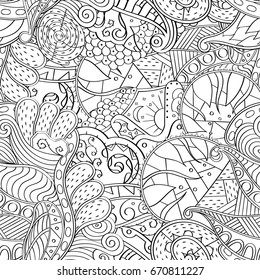 Tracery seamless pattern. Mehndi design. Ethnic monochrome binary doodle texture. Curved doodling black and white background. Vector