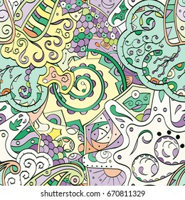 Tracery seamless pattern. Mehndi design. Ethnic colorful doodle texture. Curved doodling background. Vector