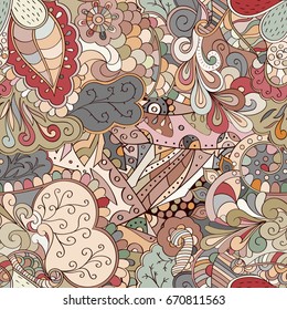 Tracery seamless pattern. Mehndi design. Ethnic colorful doodle texture. Curved doodling background. Vector