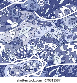 Tracery seamless pattern. Mehndi design. Ethnic colorful doodle texture. Curved doodling background. Vector