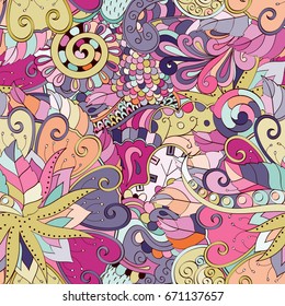 Tracery seamless pattern. Mehndi design. Ethnic colorful doodle texture. Curved doodling background. Vector
