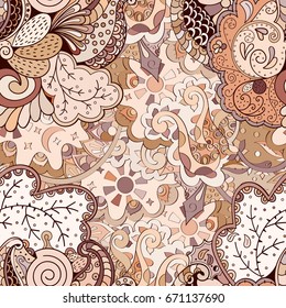 Tracery seamless pattern. Mehndi design. Ethnic colorful doodle texture. Curved doodling background. Vector