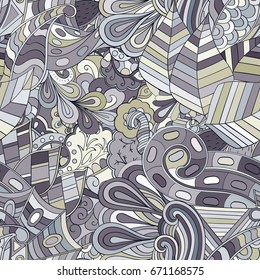 Tracery seamless pattern. Mehndi design. Ethnic colorful doodle texture. Curved doodling background. Vector