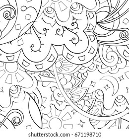 Tracery seamless pattern. Mehndi design. Ethnic monochrome binary doodle texture. Curved doodling black and white background. Vector