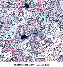 Tracery seamless pattern. Mehndi design. Ethnic colorful doodle texture. Curved doodling background. Vector