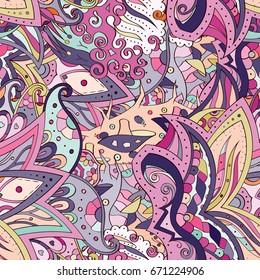 Tracery seamless pattern. Mehndi design. Ethnic colorful doodle texture. Curved doodling background. Vector