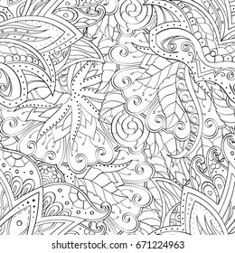 Tracery seamless pattern. Mehndi design. Ethnic monochrome binary doodle texture. Curved doodling black and white background. Vector