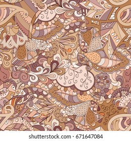 Tracery seamless pattern. Mehndi design. Ethnic colorful doodle texture. Curved doodling background. Vector