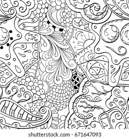 Tracery seamless pattern. Mehndi design. Ethnic monochrome binary doodle texture. Curved doodling black and white background. Vector
