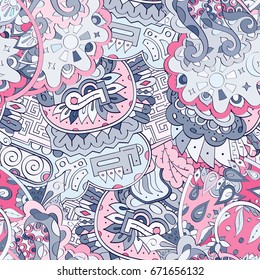 Tracery seamless pattern. Mehndi design. Ethnic colorful doodle texture. Curved doodling background. Vector