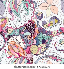 Tracery seamless pattern. Mehndi design. Ethnic colorful doodle texture. Curved doodling background. Vector