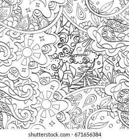Tracery seamless pattern. Mehndi design. Ethnic monochrome binary doodle texture. Curved doodling black and white background. Vector