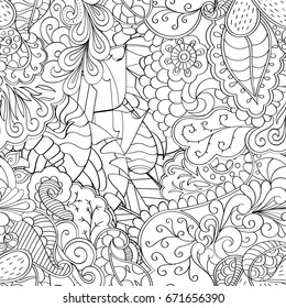 Tracery seamless pattern. Mehndi design. Ethnic monochrome binary doodle texture. Curved doodling black and white background. Vector