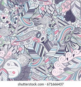 Tracery seamless pattern. Mehndi design. Ethnic colorful doodle texture. Curved doodling background. Vector