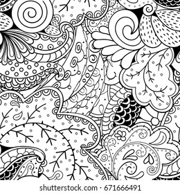 Tracery seamless pattern. Mehndi design. Ethnic monochrome binary doodle texture. Curved doodling black and white background. Vector