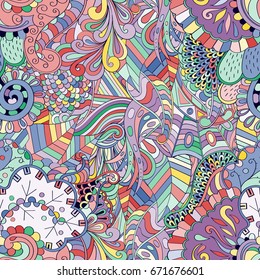 Tracery seamless pattern. Mehndi design. Ethnic colorful doodle texture. Curved doodling background. Vector