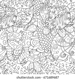 Tracery seamless pattern. Mehndi design. Ethnic monochrome binary doodle texture. Curved doodling black and white background. Vector