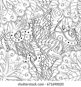 Tracery seamless pattern. Mehndi design. Ethnic monochrome binary doodle texture. Curved doodling black and white background. Vector