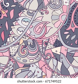 Tracery seamless pattern. Mehndi design. Ethnic colorful doodle texture. Curved doodling background. Vector