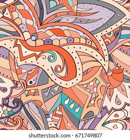 Tracery seamless pattern. Mehndi design. Ethnic colorful doodle texture. Curved doodling background. Vector