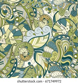 Tracery seamless pattern. Mehndi design. Ethnic colorful doodle texture. Curved doodling background. Vector