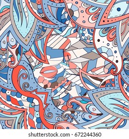 Tracery seamless pattern. Mehndi design. Ethnic colorful doodle texture. Curved doodling background. Vector