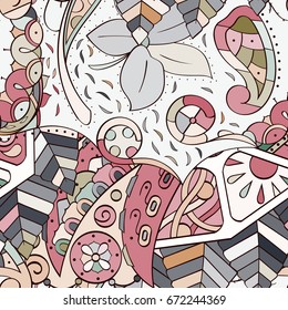 Tracery seamless pattern. Mehndi design. Ethnic colorful doodle texture. Curved doodling background. Vector