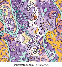 Tracery seamless pattern. Mehndi design. Ethnic colorful doodle texture. Curved doodling background. Vector