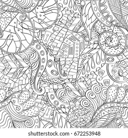 Tracery seamless pattern. Mehndi design. Ethnic monochrome binary doodle texture. Curved doodling black and white background. Vector