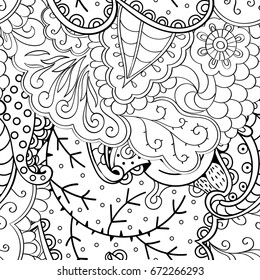 Tracery seamless pattern. Mehndi design. Ethnic monochrome binary doodle texture. Curved doodling black and white background. Vector