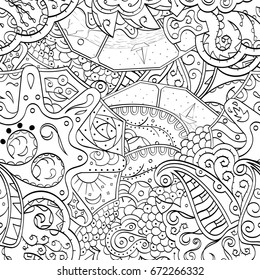 Tracery seamless pattern. Mehndi design. Ethnic monochrome binary doodle texture. Curved doodling black and white background. Vector