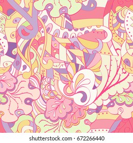 Tracery seamless pattern. Mehndi design. Ethnic colorful doodle texture. Curved doodling background. Vector